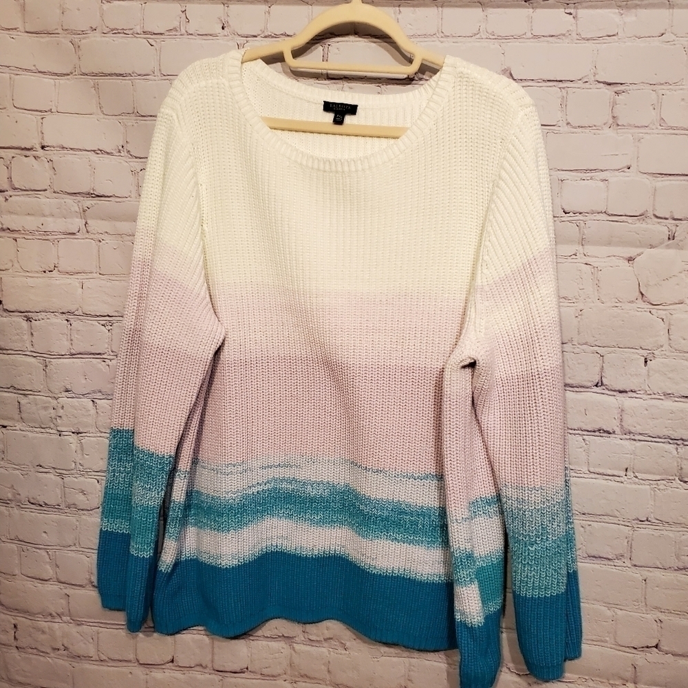 Talbots White Pink and Teal Ombre Crewneck Sweater